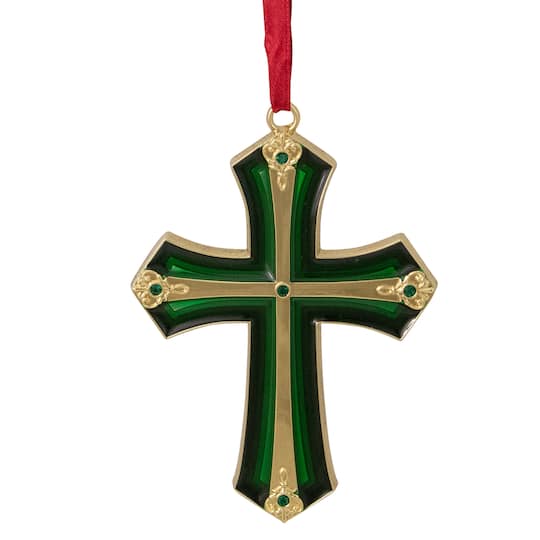 3.5&#x22; Green &#x26; Gold Layering Effect with Crystals Cross Ornament